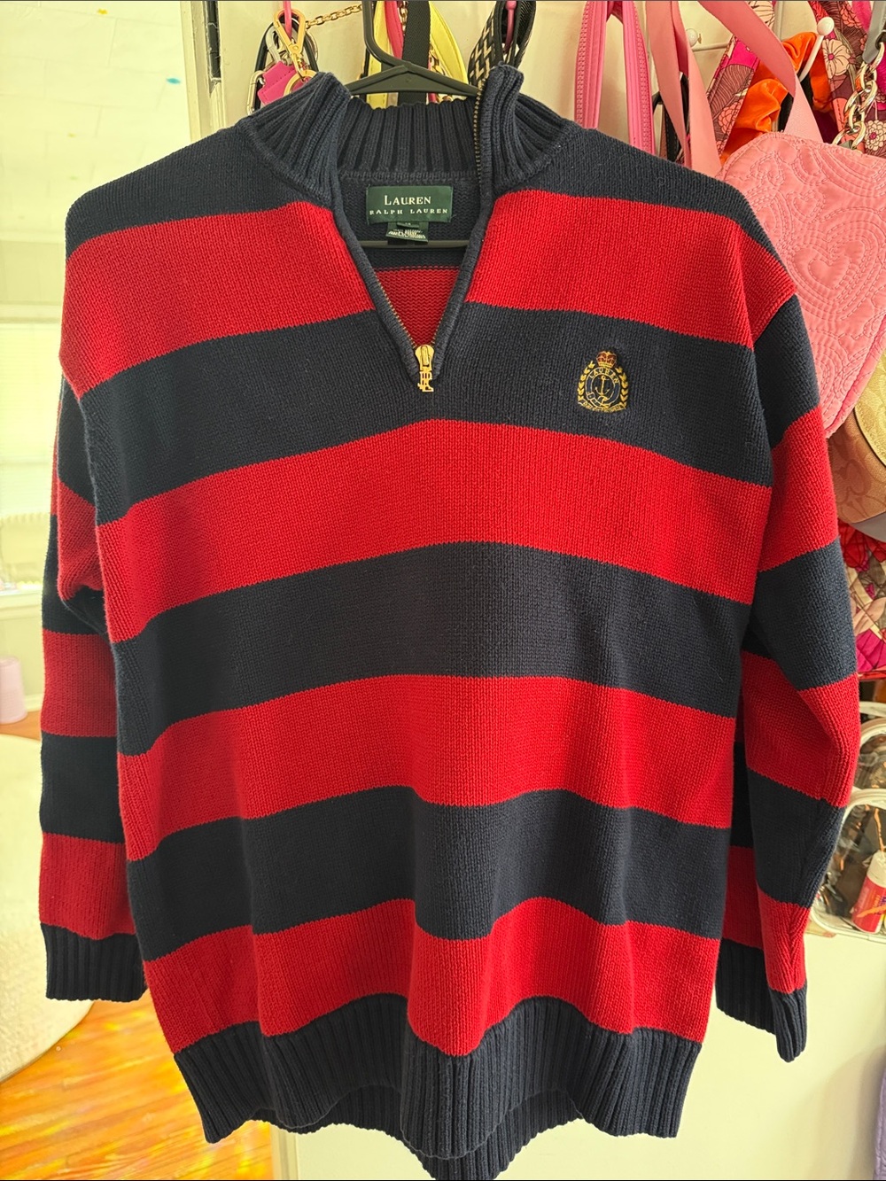Lauren Ralph Lauren Red and Navy Striped Half-Zip Rugby Sweater